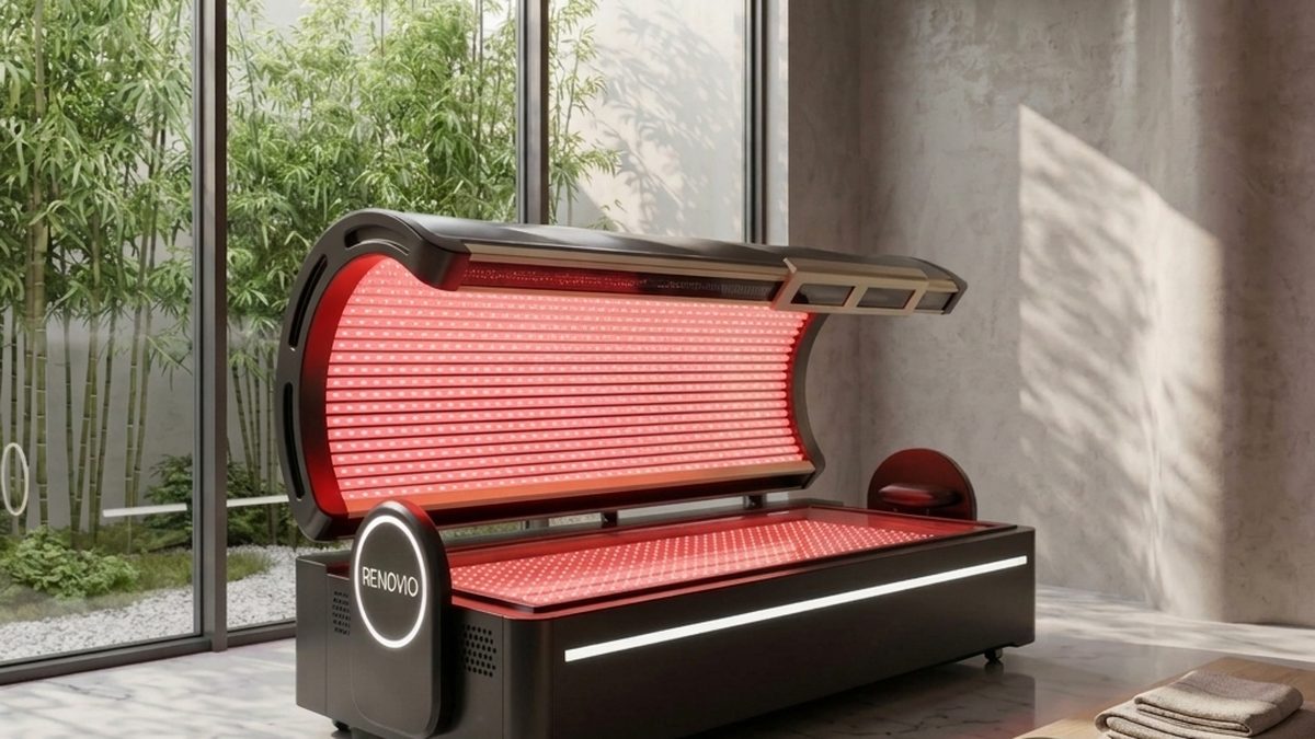 A Renovio red light therapy bed in a premium commercial treatment room